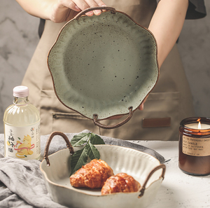 Household Retro Stoneware Double Rope Portable Ceramic Tableware White Plate - Product Image 5