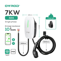 Chargeur de voiture électrique monophasé Ovrod 7kW 32A avec connecteur de type 2, monté au mur