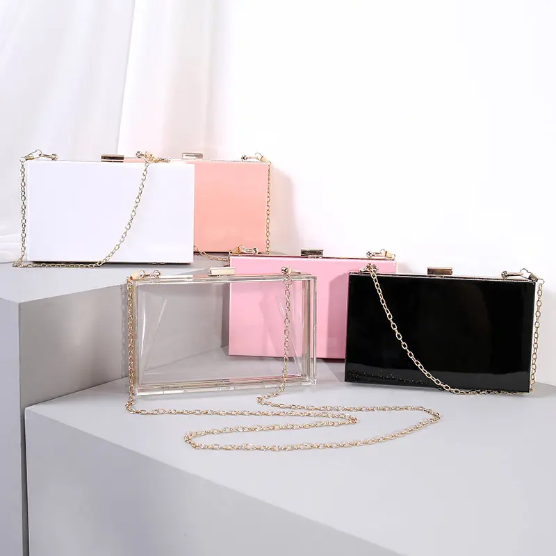 Factory Direct Sales Women Chain Small Square Box Evening Messenger Clutch Transparent Acrylic Bag