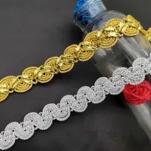 Fil d'or 2CM fil d'argent simple face double couche crochet dentelle garniture pour vêtements femmes crochet dentelle garniture