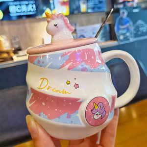 Einhorn Keramik Tasse mit Thermo deckel niedlichen Cartoon Creative Ins Büro Kaffee becher Großhandel Geschenk becher für Wasser Bier Tee Wein - Product Image 1