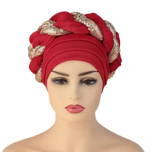 Turban en coton pour femmes musulmanes nigérianes, style hijab exagéré <span class=keywords><strong>avec</strong></span> nœud papillon, bandeau perlé, design africain arabe <span class=keywords><strong>avec</strong></span> paillettes et tresses - Product Image 4