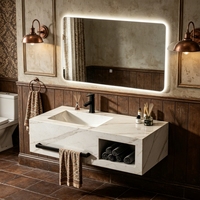 Ensemble de meubles de salle de bain modernes de haute qualité, imperméables, avec miroir LED mural, évier en céramique, armoire en marbre et armoire en ardoise, pour hôtel