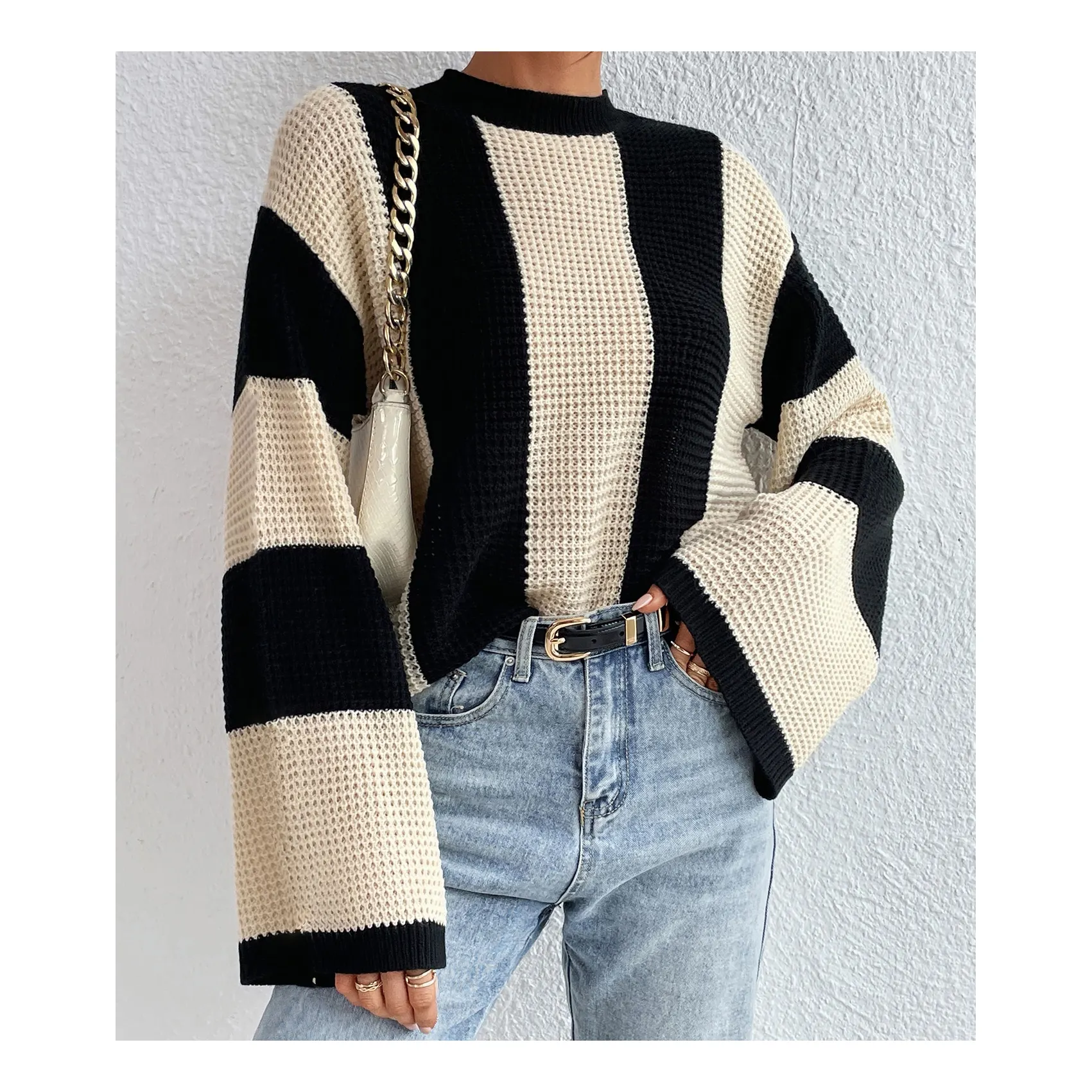 New Fashion Plus Size Knitted Pullover Vertical Stripes Women Sweaters Women Oversize Sweater Acrylic Knitted Sweater