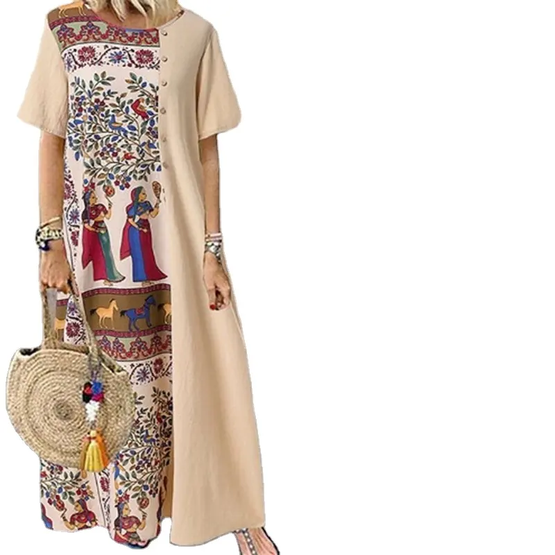 European American cotton linen o-neck plus size woman clothe dress muslim prom dresses fashion dressing