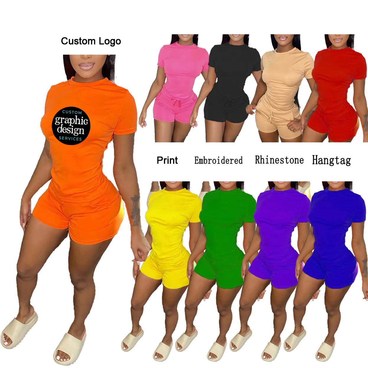 Mulheres Roupas de Manga Curta T Camisa Sólida Mulheres Atleta Terno Biker Shorts Outfits Treino Logotipo Personalizado Verão Conjunto de Duas Peças