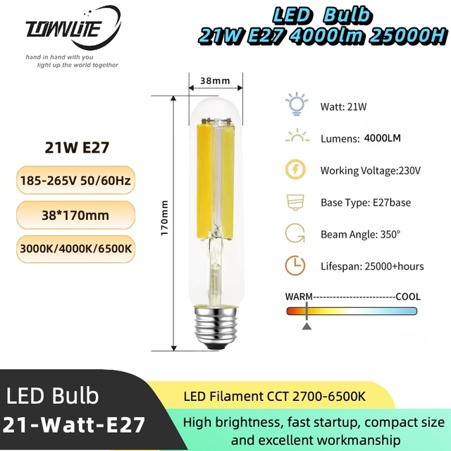 High-brightness E27 LED21W White Transparent Light-emitting Diode Filament Street Lamps Replace Sodium Lamp Tubes with Bulbs