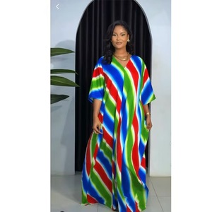 2026 Women's Africa Kafotan Red <strong>Blue</strong> <strong>White</strong> Diagonal <strong>Stripe</strong> Printed <strong>Dress</strong> Loose V-neck Bat Sleeve Short Sleeve <strong>Dress</strong> - Product Image 4
