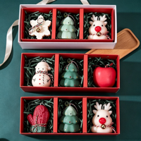 Coffret Cadeau Bougies de Noël Bonhomme de Neige 3D Bougies Pomme et Poire Anglaise Freesia Oud Hivernal Pomme Rouge Plateau en Bois