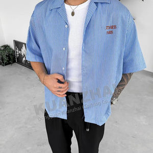 Custom Summer <strong>Shirting</strong> Fabric Striped Shirt Short Sleeve <strong>Button</strong> up Hommes Camiseta Cropped Boxy Casual Men's T Shirt - Product Image 3