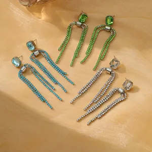 Hypoallergenic Women's Stainless Steel Dangle Earrings With Tassel Titanium Steel Blue Green Zircon Claw Set Fashion Jewelry