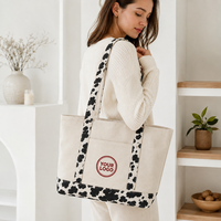 Sac en toile à imprimé vache, patchwork, avec logo personnalisé, sac fourre-tout en coton, ensemble cadeau monogrammé, vente en gros, chapeau bob, pochette à cosmétiques