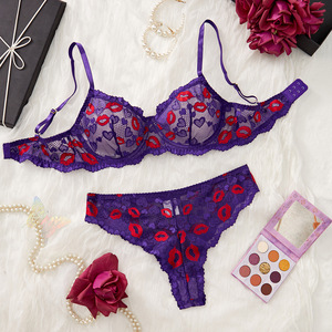 Conjunto de lencería sexy con estampado de labios WX129 Hot Girls, conjunto de sujetador y braga de encaje de 2 piezas, cuello en V profundo, lencería sensual para mujer. - Product Image 6