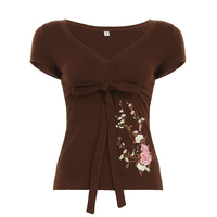 Chemisier T-shirt Chic Bohème Y2K Marron Col V Brodé Floral Manches Longues Tricoté Écologique Décontracté à Nouer pour Femme