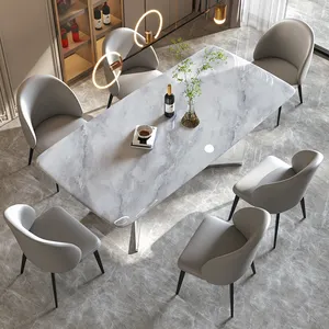 Foshan Fabriek Marmeren Top Eettafel Set Voor 4 6 8 Zitplaatsen Volledige Luxe Eettafels En Stoel Modern Met Acryl Basis