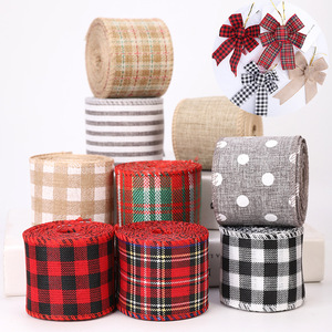 A cuadros a cuadros arpillera yute Lino cinta poliéster borde con cable cintas de Navidad para manualidades envoltura y decoración - Product Image 6