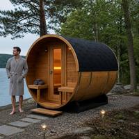Traditionelle Kanadische Rotzedern-Fass-Sauna für Draußen mit Harvia-Ofen und Wasserdichter Asphaltschindel-Abdeckung