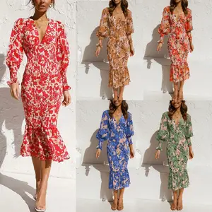 Ruffled Skirt Dress Print Temperament Women&#39;s Elastic Waist Long Sleeve Foreign Trade Spring Summer Digital Printing Crop