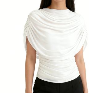 Women's Draped Sheer Mesh Overlay <b>Top</b> Ruched Waist Fitted Blouse Shirt Fashion - Product Image 3