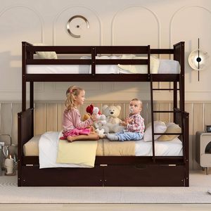 New Style Wooden Bunk <strong>Beds</strong> Convertible Espresso Color Twin Over Full Bunk <strong>Bed</strong> <strong>with</strong> 2 Storage Drawers - Product Image 2