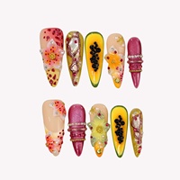 Zomerse tropische papaja 3D bloemen opzetnagels imitatie-fruit kleurrijke strass steentjes schelp gouden folie zoete vakantie-gevoel nagels