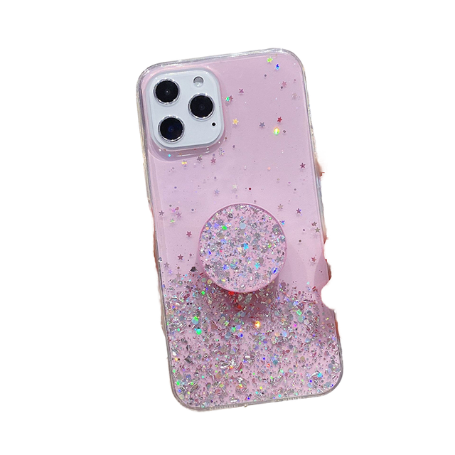 3hree9ine Shiny Luxury Clear TPU Glitter Decoration Waterproof Shockproof Protection Strip Stand Phone Grip Mobile Phone Case