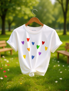 T-shirt da donna taglie forti con stampa colorata a cuori, manica corta, girocollo, vestibilità comoda, top casual estivo 100% cotone - Product Image 2