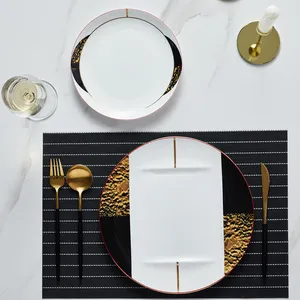 Metal çerçeve seramik çukur tabak altın kare porselen Nordic tarzı siyah beyaz koyu yeşil yemek setleri mutfak gereçleri mavi