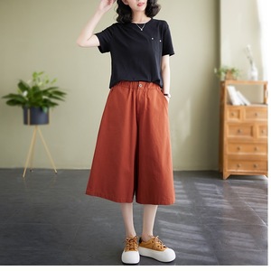 Cotton Elastic Waist Wide Leg Cropped Pants For Women Casual Breathable Solid Color Loose Fit Orange Black White Khaki 2536 - Product Image 2
