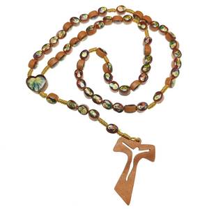 Collana Rosario Religiosa all'Ingrosso con Perle Ovali in Legno e Sanità in Resina Epossidica, Rosario Cattolico con Medaglia della Vergine Maria e Croce - Product Image 1