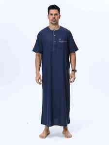 Tunique ample en coton bleu marine pour homme, manches courtes, longueur cheville, coupe décontractée, robe modeste pour la prière, toutes saisons, couleur unie - Product Image 3
