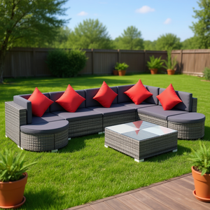 Poly Rattan Gray Patio Lounge Set With <b>Cushions</b> 8 <b>Person</b> Outdoor Furniture Contemporary Modern Design - Product Image 2