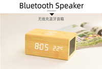 Réveil numérique en bois avec chargeur sans fil, haut-parleur Bluetooth, calendriers et affichage de la température pour le bureau et la cuisine