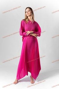 Miyake femmes plissé ceinture manches longue Robe bleu vert rouge rose grande taille Maxi <span class=keywords><strong>jupe</strong></span> Robe Vestido De Mujer Verano Robe modeste - Product Image 2