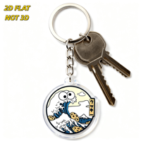 Porte-clés en acrylique « Funny Cookie in Ocean Wave » avec yeux bouleux, pépites de chocolat et design artistique de style japonais, pendentif rond transparent