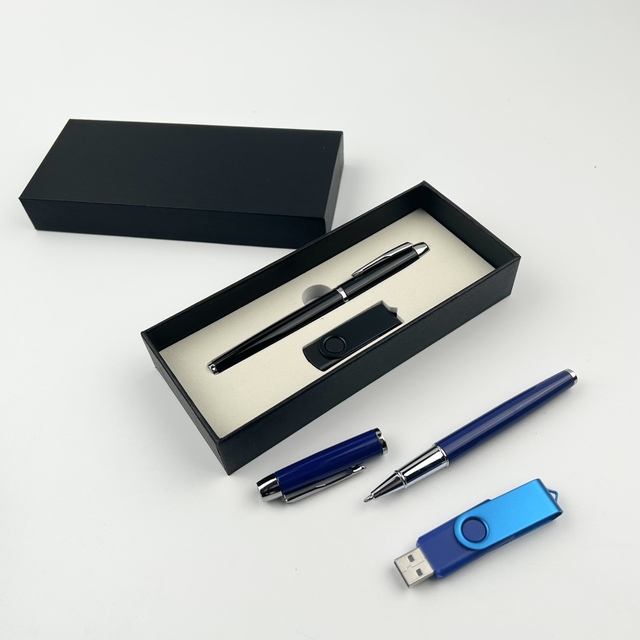 Custom Logo Luxury 2in1 USB Flash Drives + Leather Pen Set Embossed Gift Box Promotional Business Corporate Stationery Gift Set