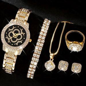 Nouvel ensemble de bijoux pour femme en alliage plaqué or, avec strass étincelants : boucles d'oreilles, collier, bracelet et bagues - Cadeau idéal pour mariage ou fête hip-hop - Product Image 4