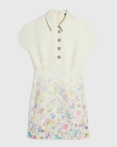 Robe courte à manches courtes pour femme, imprimé floral blanc, col mandarin, fermeture éclair au dos, élégante, pour le printemps, tissu tissé - Product Image 1