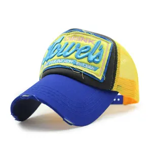 Topi bisbol jala tambal bordir kustom 80s Vintage topi Trucker 5 Panel berpori robek