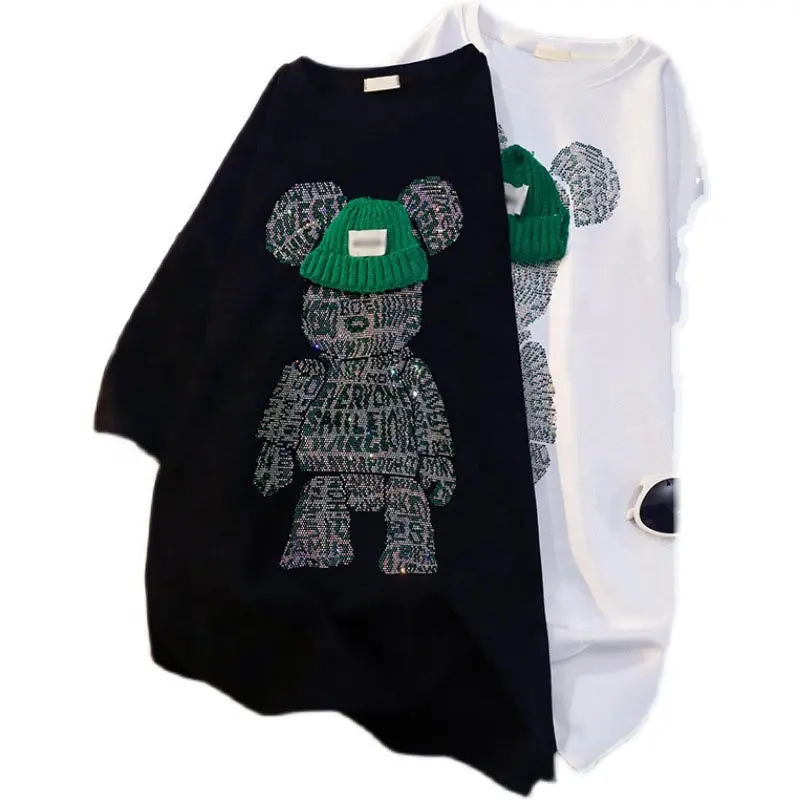 New bear cartoon pattern sequined frosted short sleeve T-shirt bottom shirt loose top trendy women's round-neck t-shirts