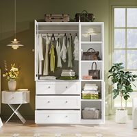 Armoire moderne en bois avec miroir, étagères ouvertes, 3 tiroirs, 3 portes, tringle de suspension - Grande capacité de rangement pour chambre à coucher