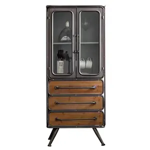 American Rustic Solid Wood Retro Metal Tall Storage Cabinet vintage cabinet 2 glass door storage cabinet for living room