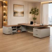 Escritorio de Oficina de Lujo con Acabado Brillante, Escritorio Ejecutivo, Escritorio para CEO, Mesa para Jefe, Escritorio Ejecutivo de Madera, Escritorio Ejecutivo en Forma de L