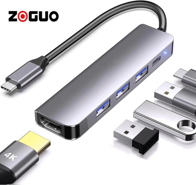 5 1 USB C Hub 4K/60HZ for HDMI Port 5Gbps USB3.0 Ports 100W USB-C PD Fast Charging Port USB3.0*3+HDMI+USB C (PD100W) for Laptop