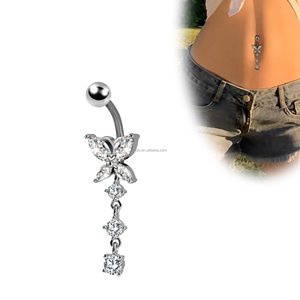 Piercing per Ombelico a Farfalla in Acciaio Inossidabile con Zircone Rotondo Incastonato, Placcato in Acciaio, 10mm - Product Image 3