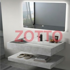 Meuble de salle de bain suspendu en pierre de marbre moderne avec miroir LED et lavabo en pierre, intégrant un meuble de luxe en dalle de roche - Product Image 6