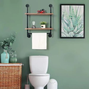 Estantes flotantes de tubería negra mate industrial de 2 niveles con toallero, estante de estilo vintage de granja de 24 pulgadas para Baño - Product Image 5