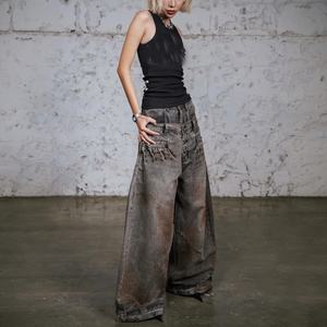 Custom <b>Low</b> MOQ Streetwear Dirty Wash Double <b>Waist</b> <b>Baggy</b> <b>Jeans</b> for Men - Product Image 5