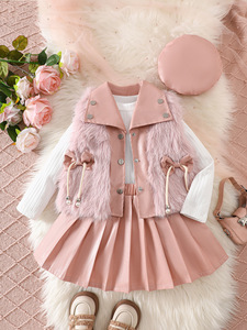 Completi Eleganti da Bambina per Autunno Inverno 2025 con Gilet in Pelliccia, Top a Maniche Lunghe, Gonne Plissettate in PU e Cappello, Set da 4 Pezzi di Abbigliamento Boutique per Bambini - Product Image 5