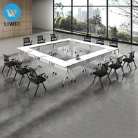 Table de conférence moderne en bois LIWEI avec design pliable, pieds en acier extensibles, roulettes et étagère de rangement - Mobilier de bureau de luxe